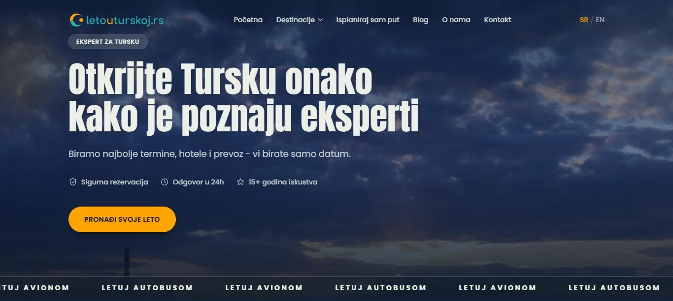 Početni ekran sajta Leto u Turskoj