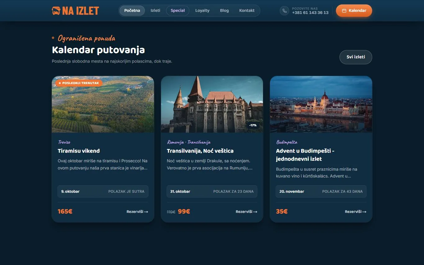 Kalendar putovanja na sajtu Na Izlet