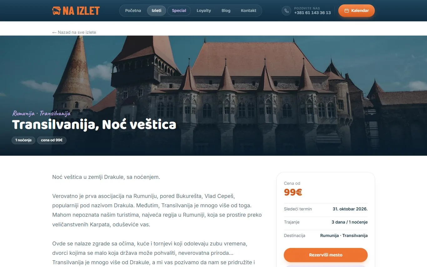 Stranica putovanja sa cenom i terminom