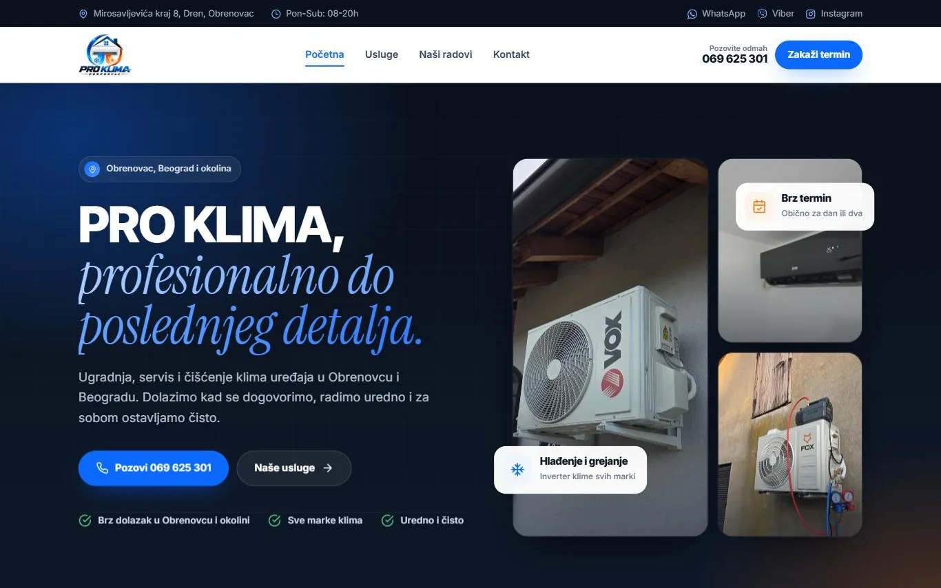 Početna stranica redizajna za PRO KLIMA