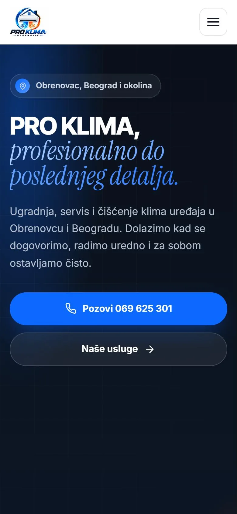 PRO KLIMA na telefonu, sa dugmetom za poziv
